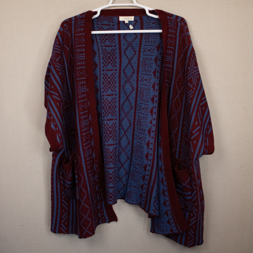 Umgee burgundy blue western print open knit cardigan-1X/2X